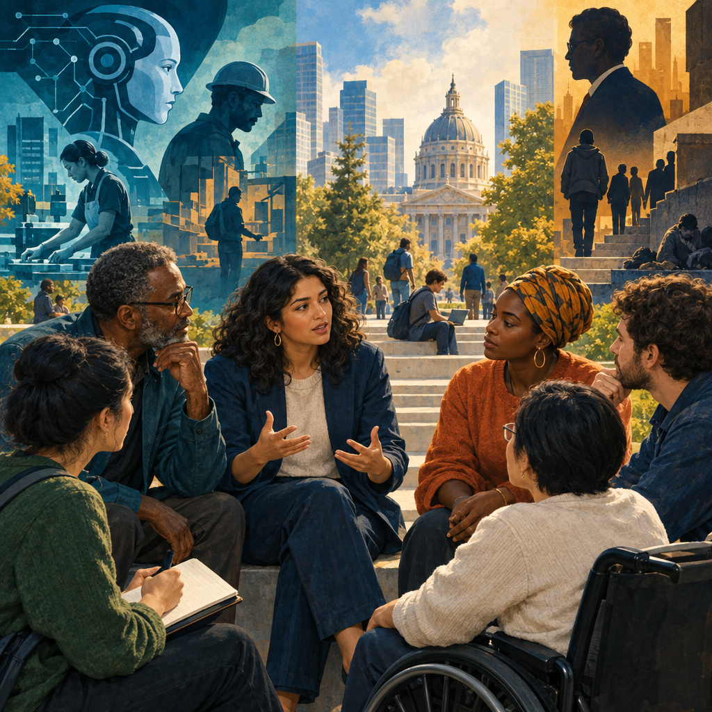 Diverse citizens discussing fairness and civic responsibility in a contemporary setting