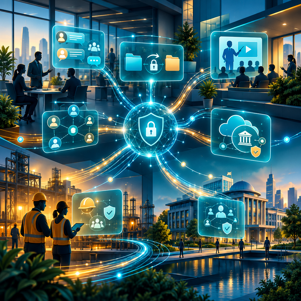 Abstract secure fiber-optic data pathways connecting people across a modern workplace
