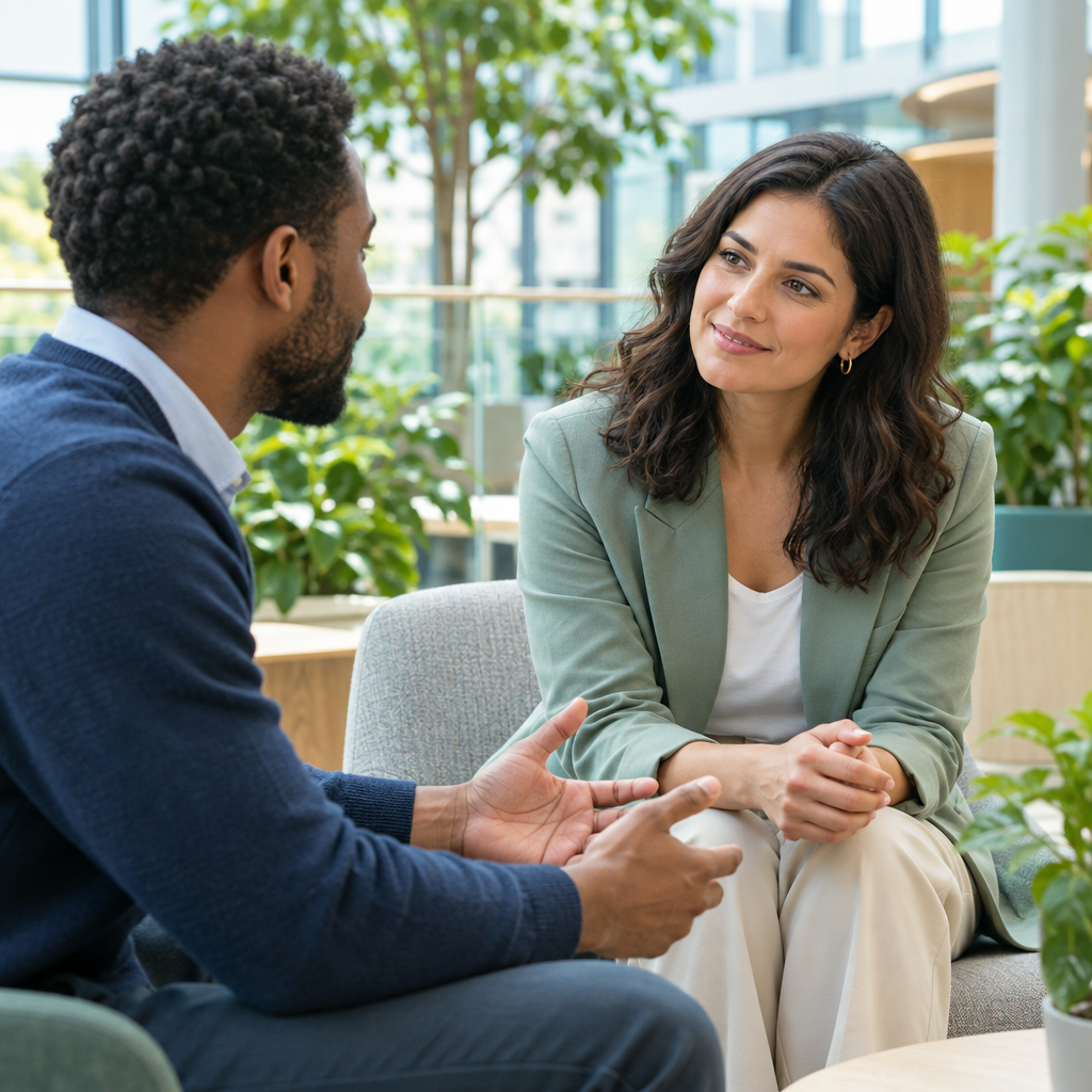 Two colleagues having a supportive conversation in a bright workplace atrium