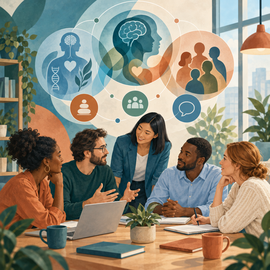 Diverse workplace team collaborating amid abstract layers of human behavior and culture