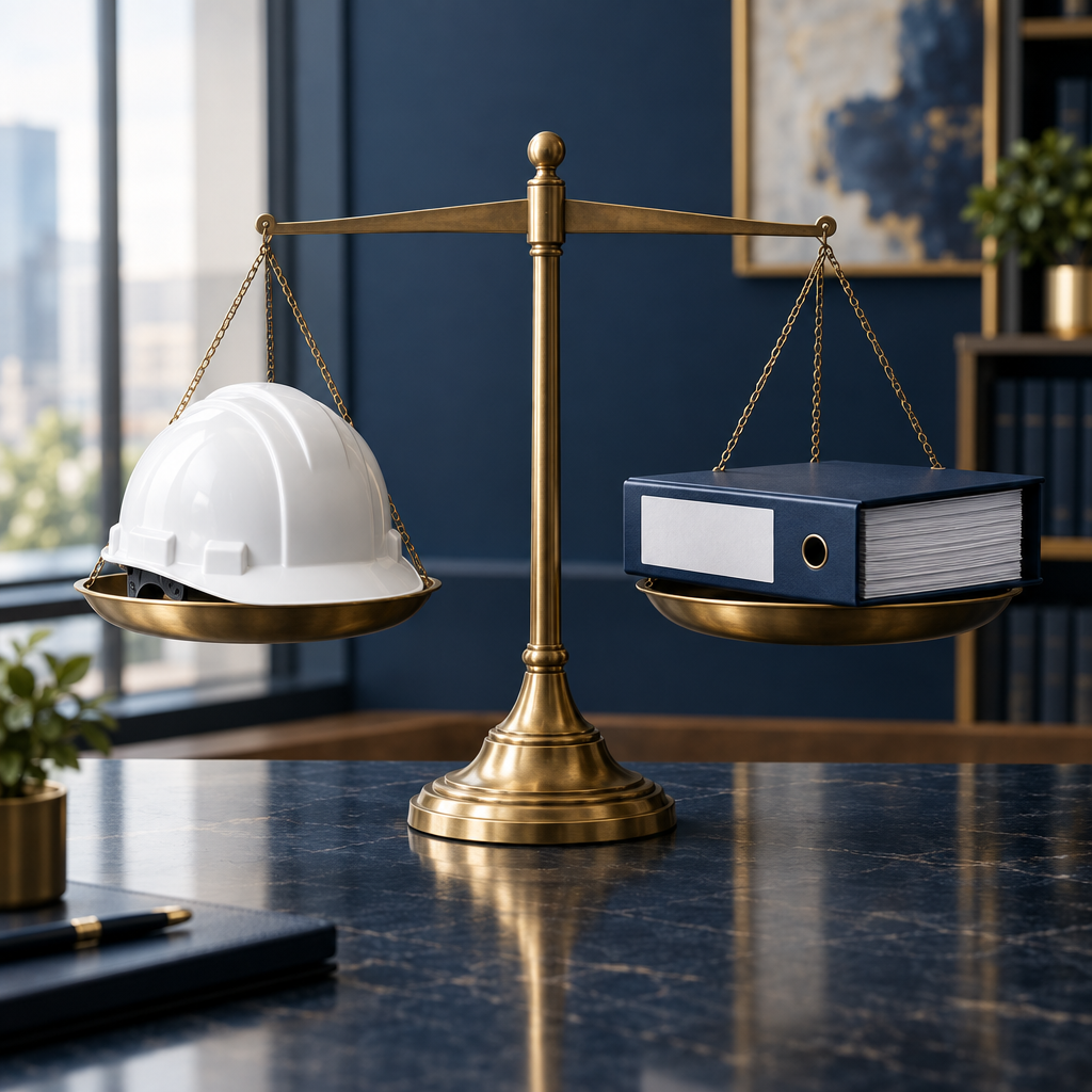 Brass balance scale with a safety helmet and blank compliance binder in an office setting