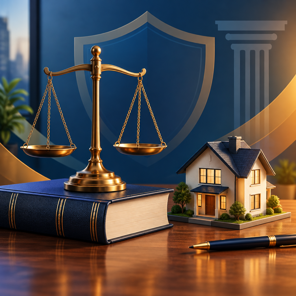 Justice scales on a law book beside a model house with a shield and pillar motif, no text