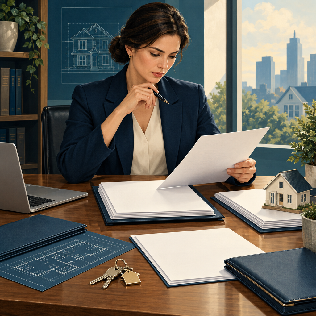 Professional reviewing real estate contracts and blank property documents