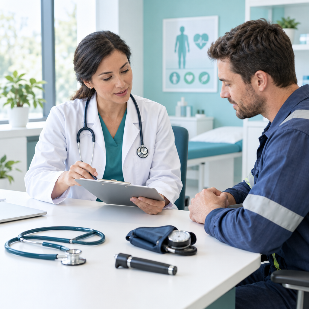 Occupational physician consulting with a worker in a bright clinic
