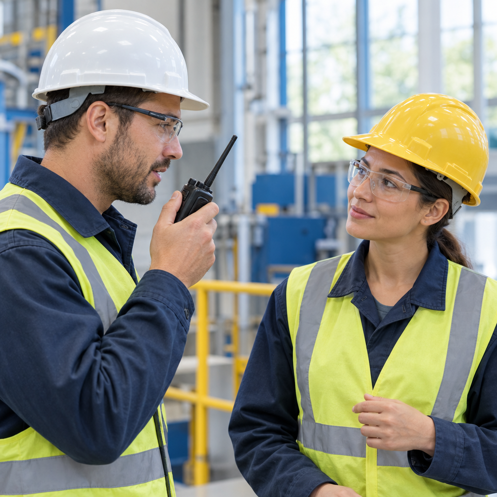 Two safety technicians communicating by radio in a modern workplace