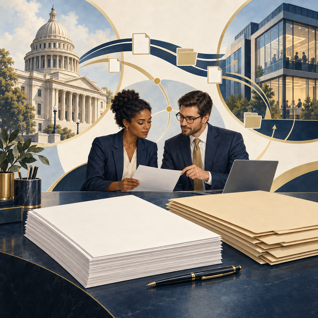 Orderly blank documents connecting a civic building and a modern business office