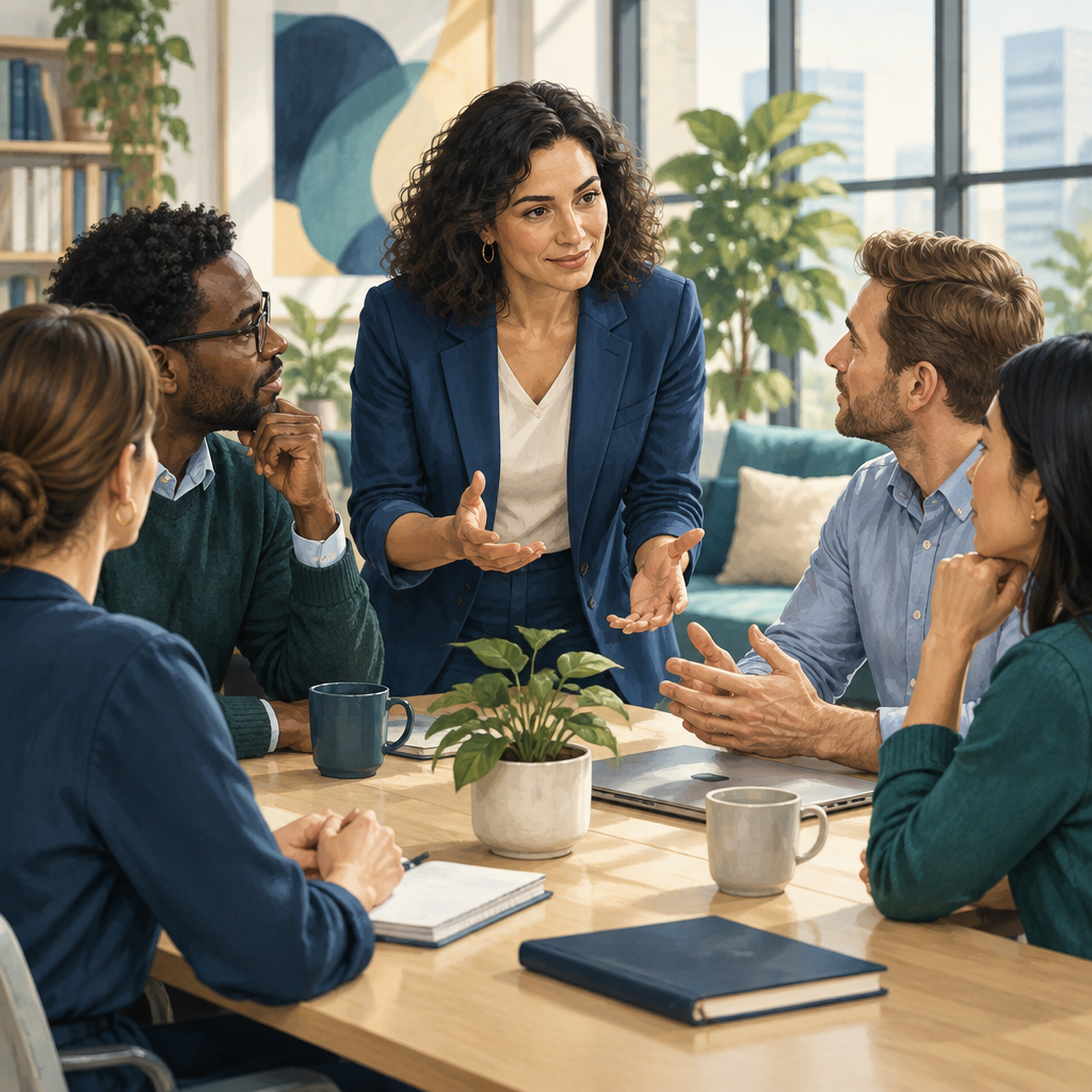 Empathetic leader helping a diverse office team resolve conflict collaboratively
