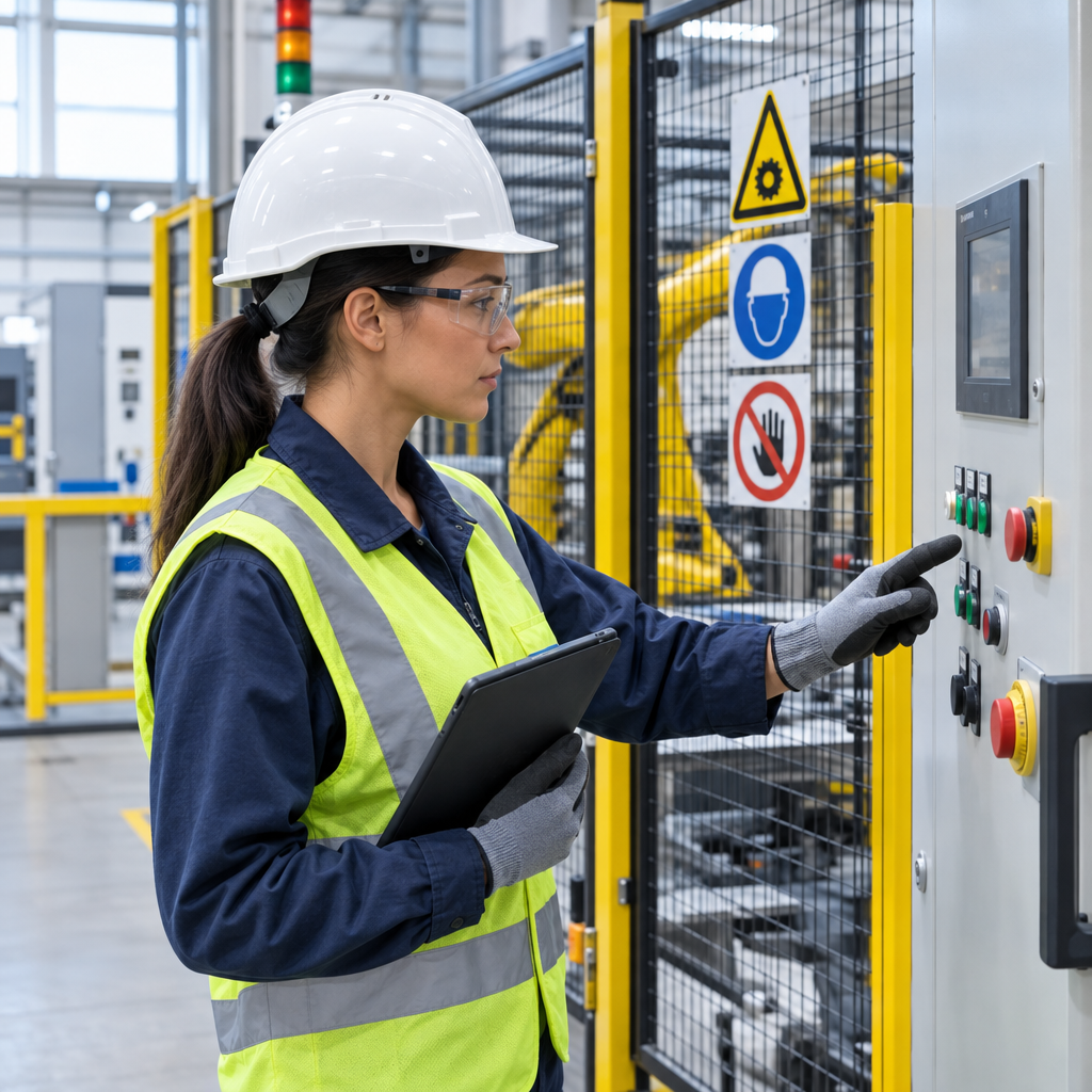 Safety engineer inspecting protective equipment and machinery in a modern workplace