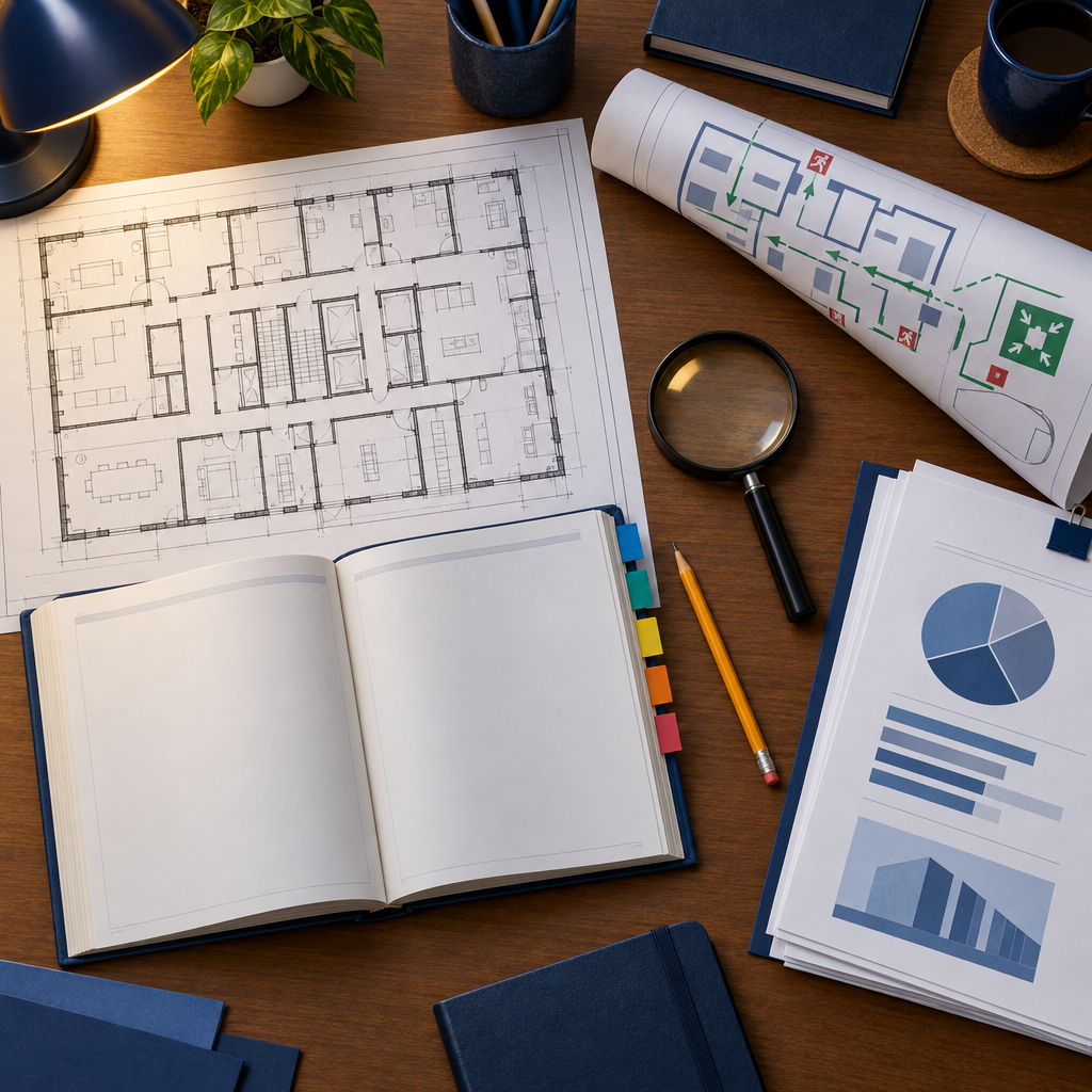 Top-down desk view with technical plans, blank reports, and tools for document analysis