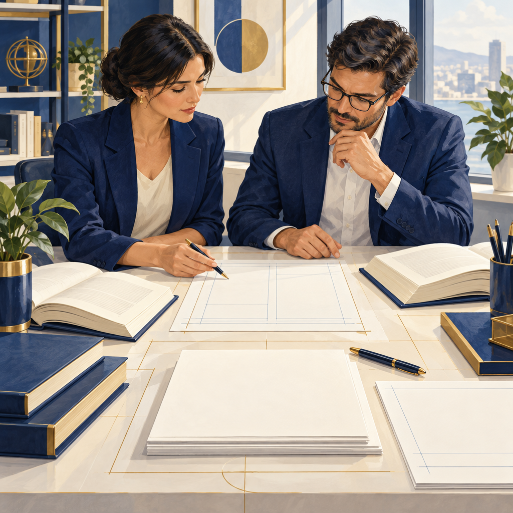 Professionals reviewing blank documents at a desk in a modern office