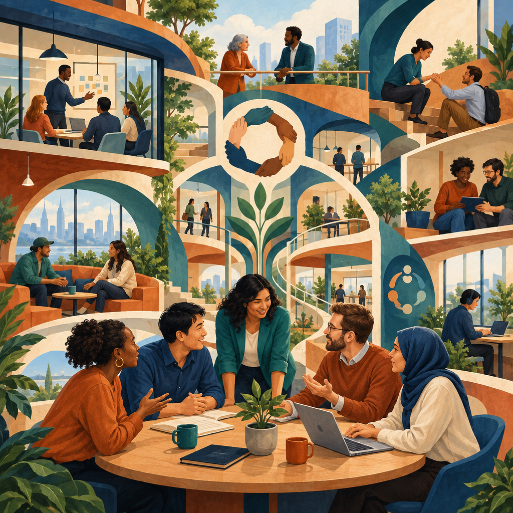Diverse professionals collaborating within interconnected human-centered workplaces