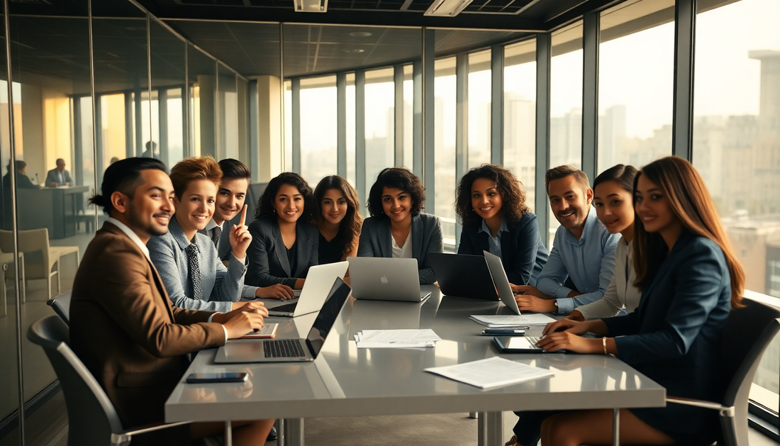 Diverse professionals working together in a multinational company office in Brazil