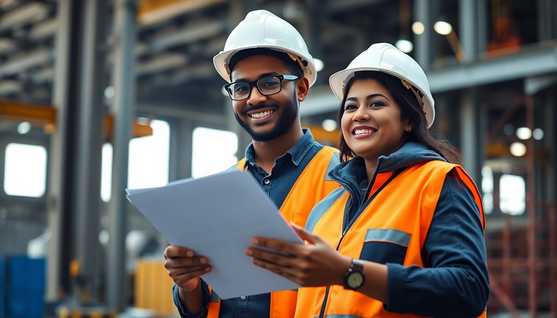 International professional reviewing occupational safety documents at a Brazilian worksite