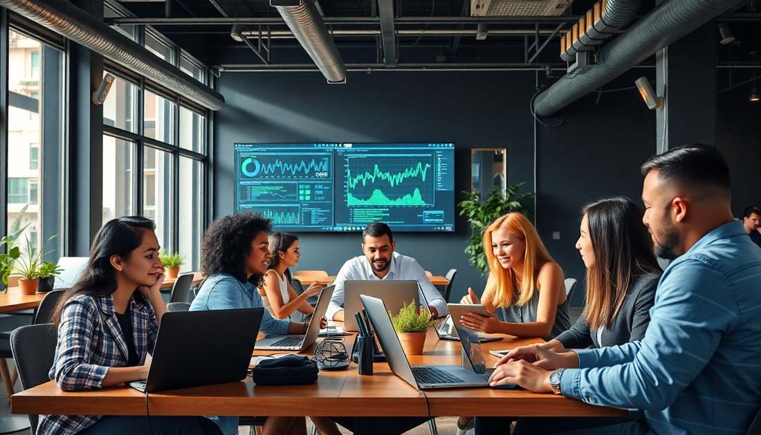 International tech professionals working on data and software projects in a modern Brazilian coworking space