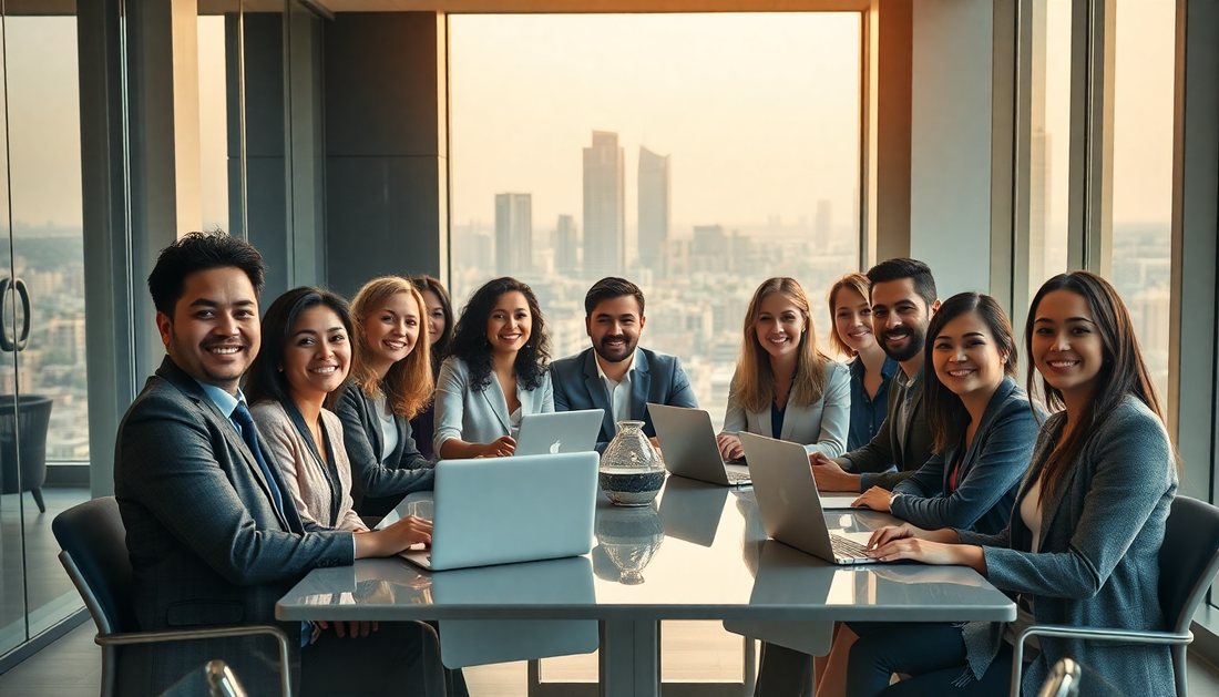 Foreign business professionals in a modern Brazilian office discussing management careers
