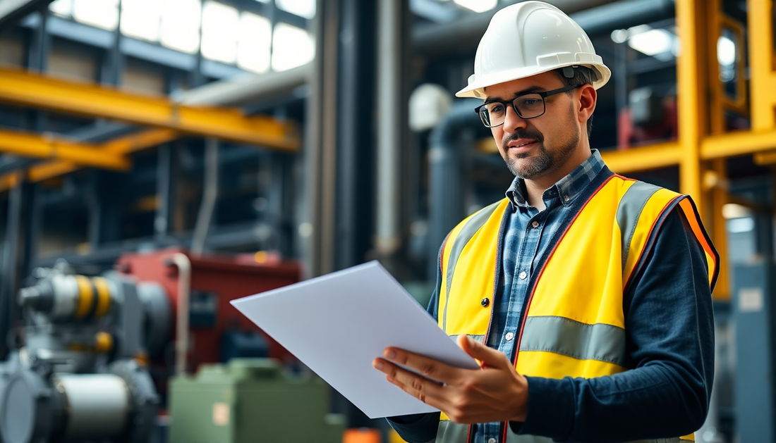 Industrial safety professional with NR certification reviewing safety documents at a Brazilian manufacturing plant