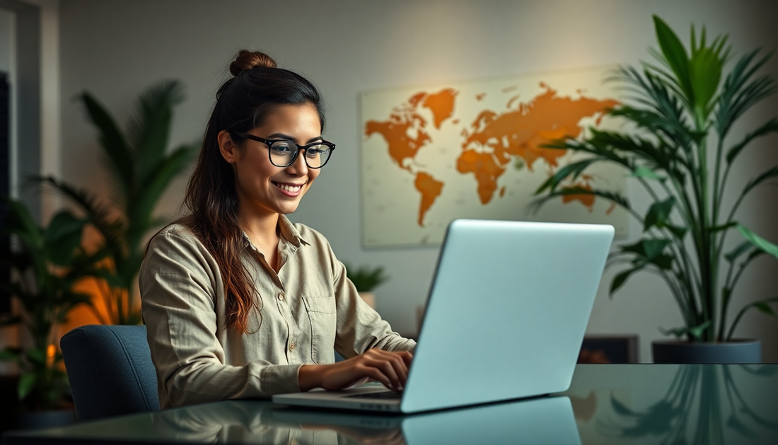 Person working remotely on laptop with a Brazilian-inspired home office setup representing remote jobs at Brazilian companies
