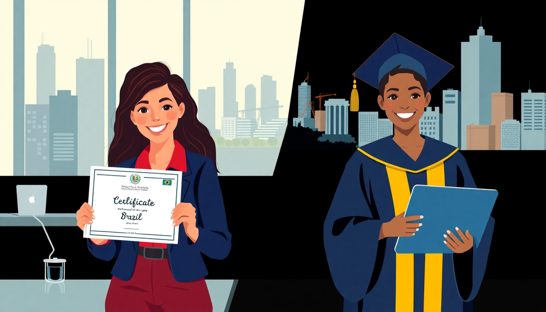 Side-by-side comparison of a technical certificate holder and a university degree graduate in Brazil
