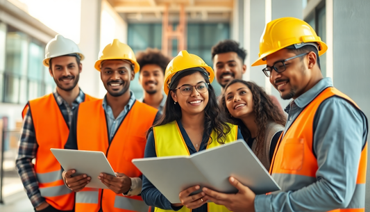 Workers reviewing occupational safety regulations on a construction site in Brazil
