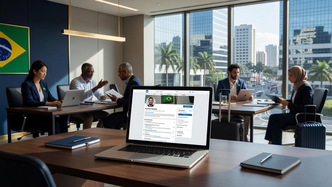 Laptop showing LinkedIn profile optimized for Brazil job search