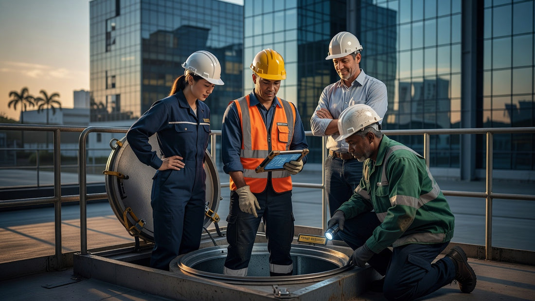 Worker checking confined space safety equipment in Brazil