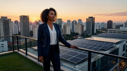 Woman overlooking Sao Paulo skyline with sustainability elements
