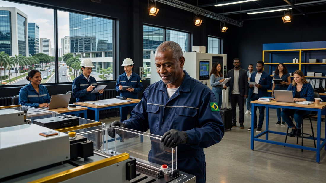 Worker inspecting industrial machinery for safety compliance in Brazil