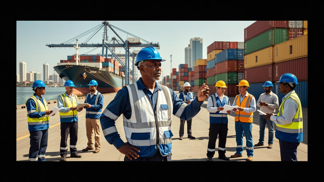 Port worker in safety equipment at a Brazilian harbor