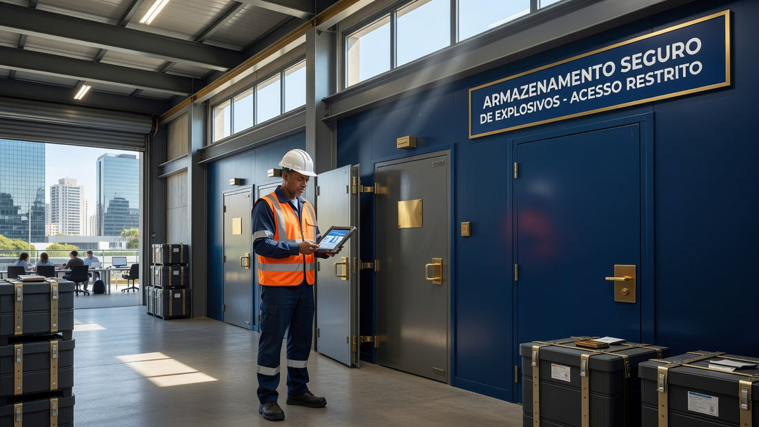 Safety professional checking explosive storage compliance in a Brazilian workplace