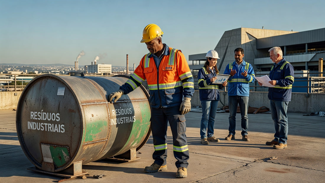 Worker checking industrial waste safety compliance in Brazil