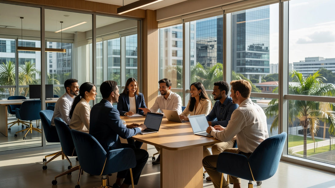 Diverse professionals collaborating in a Brazilian workplace setting