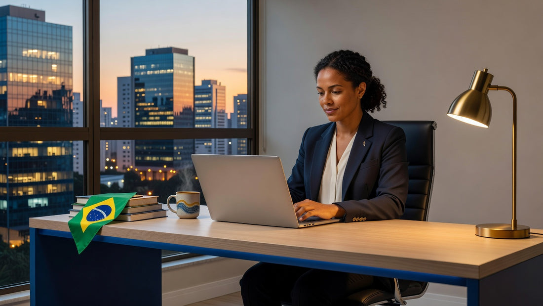 Person studying Portuguese online at home while managing full-time work