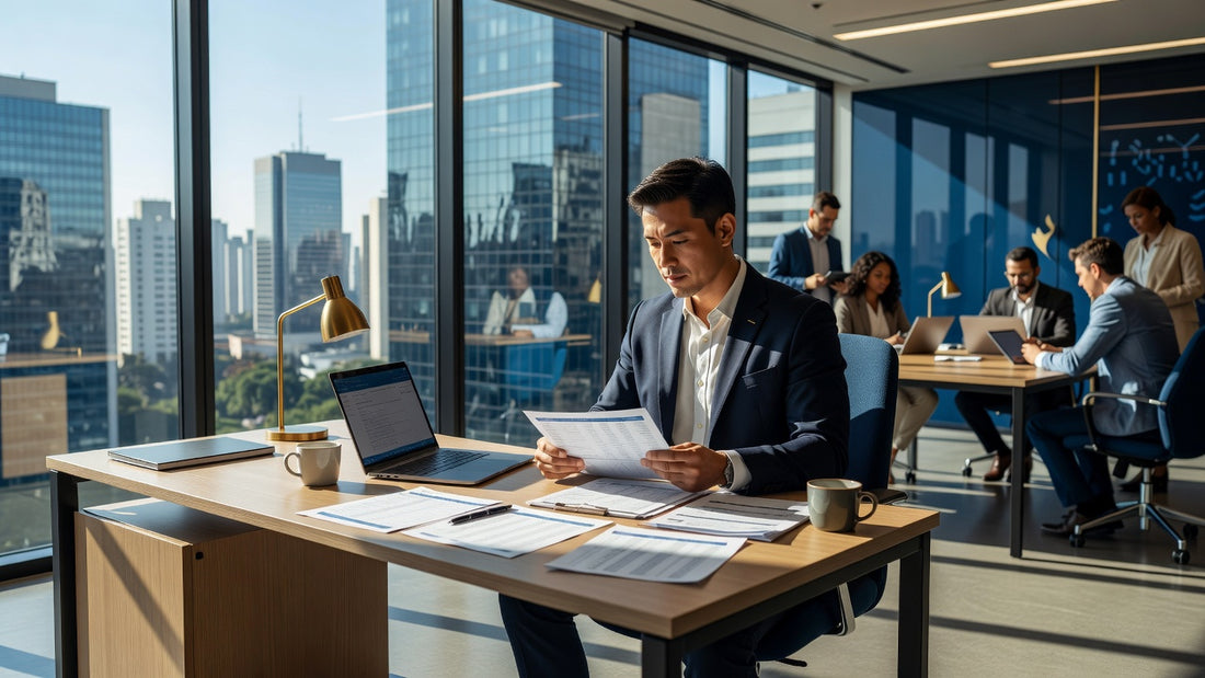 Foreigner reviewing payroll documents in Brazil office