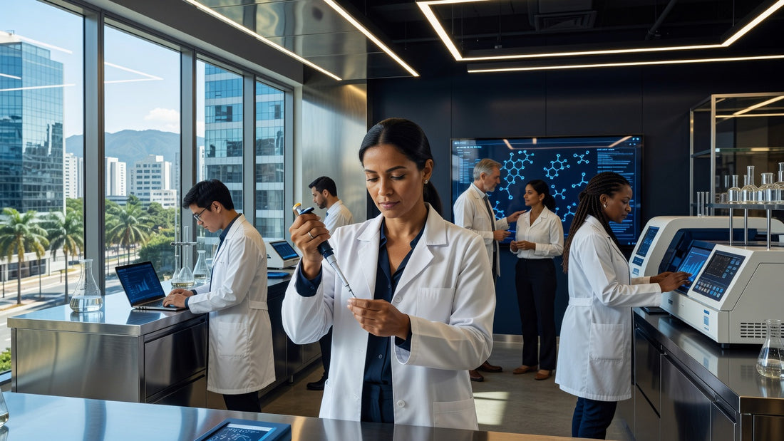 Chemical technician in a Brazilian laboratory setting