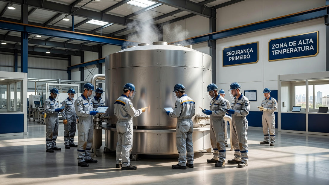 Workers following NR-14 Brazil furnace safety rules in a factory setting
