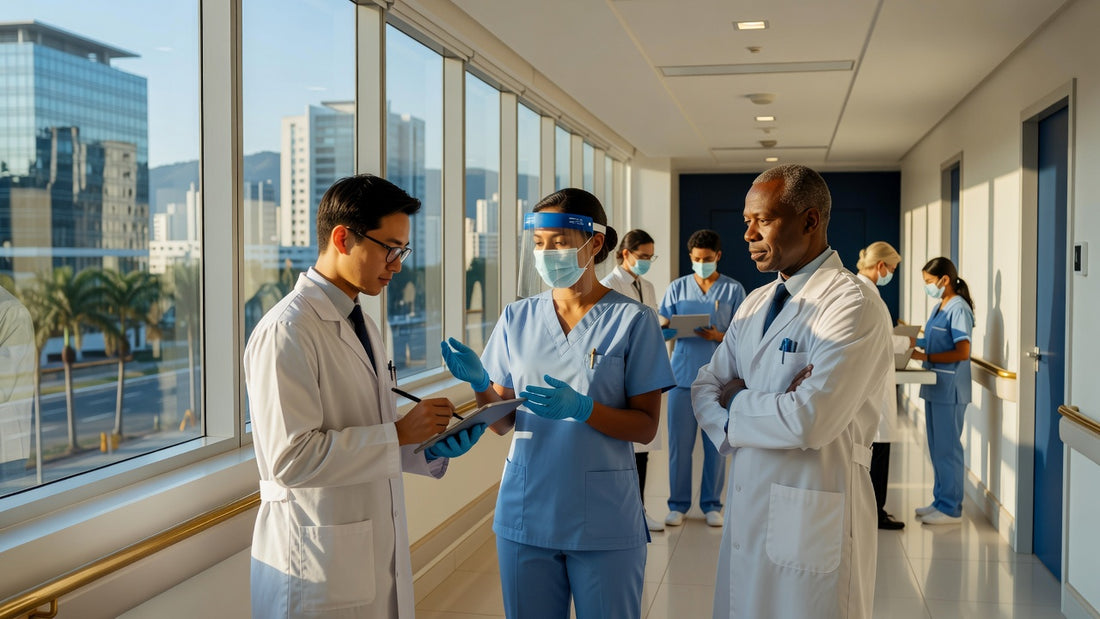 Healthcare worker following NR-32 safety rules in a Brazilian hospital