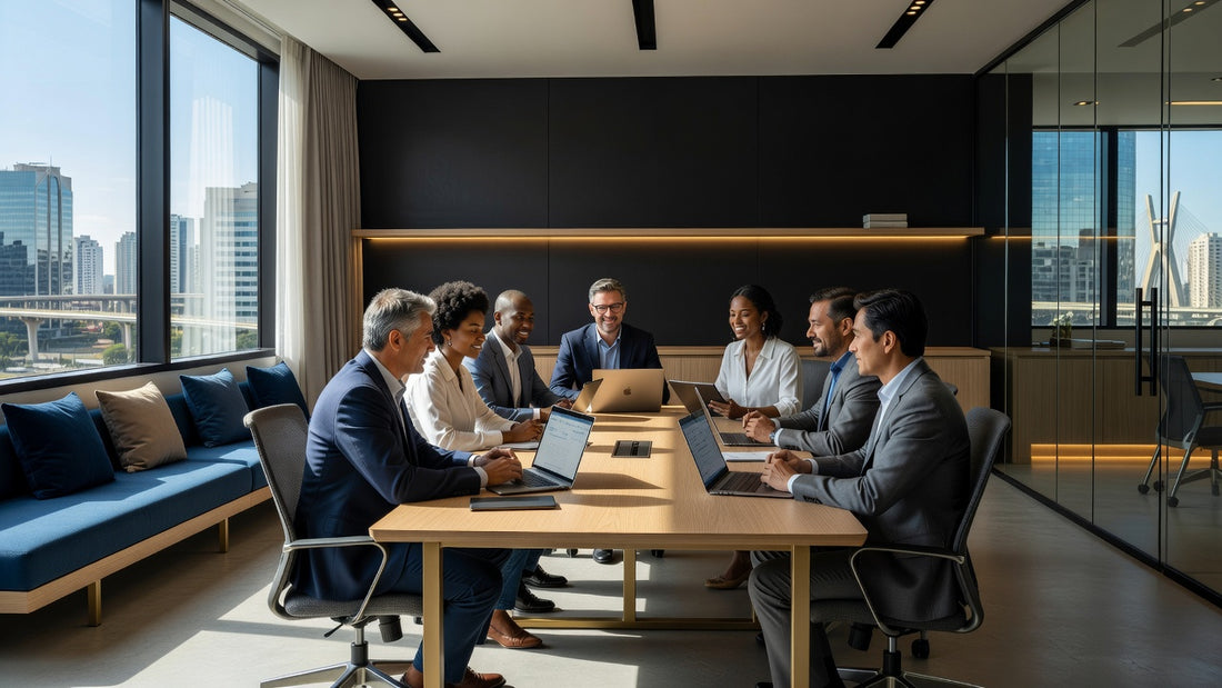Diverse professionals reviewing occupational safety plans in a Brazilian office