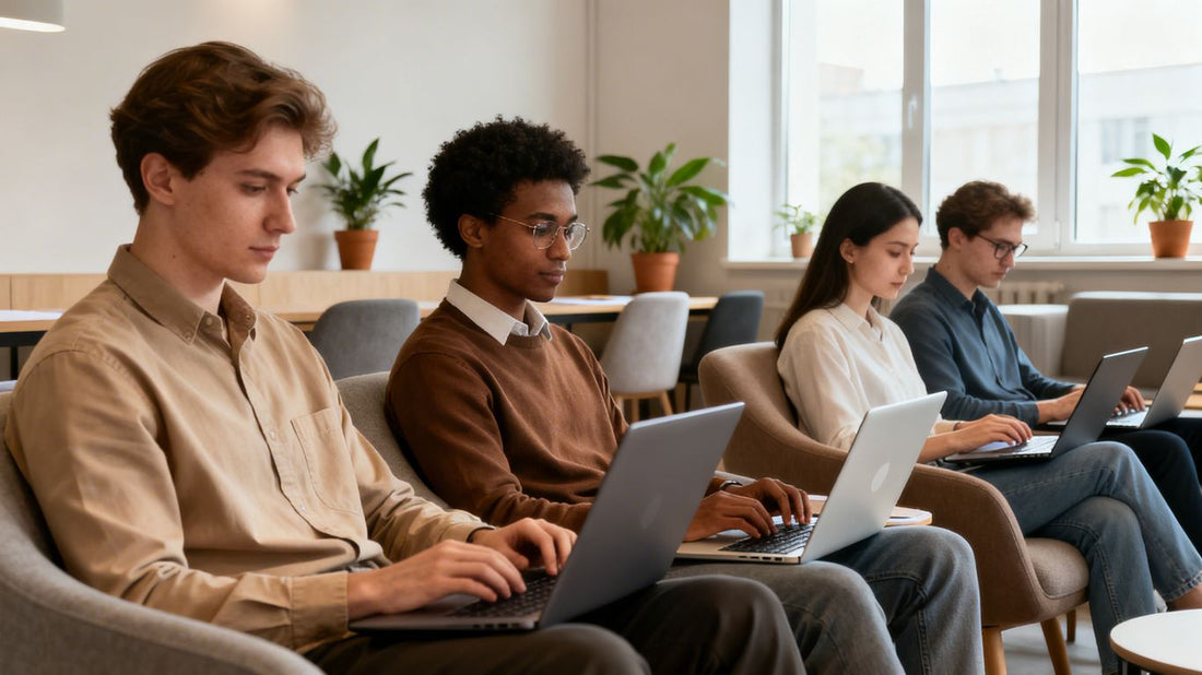 Professionals learning online with laptops.