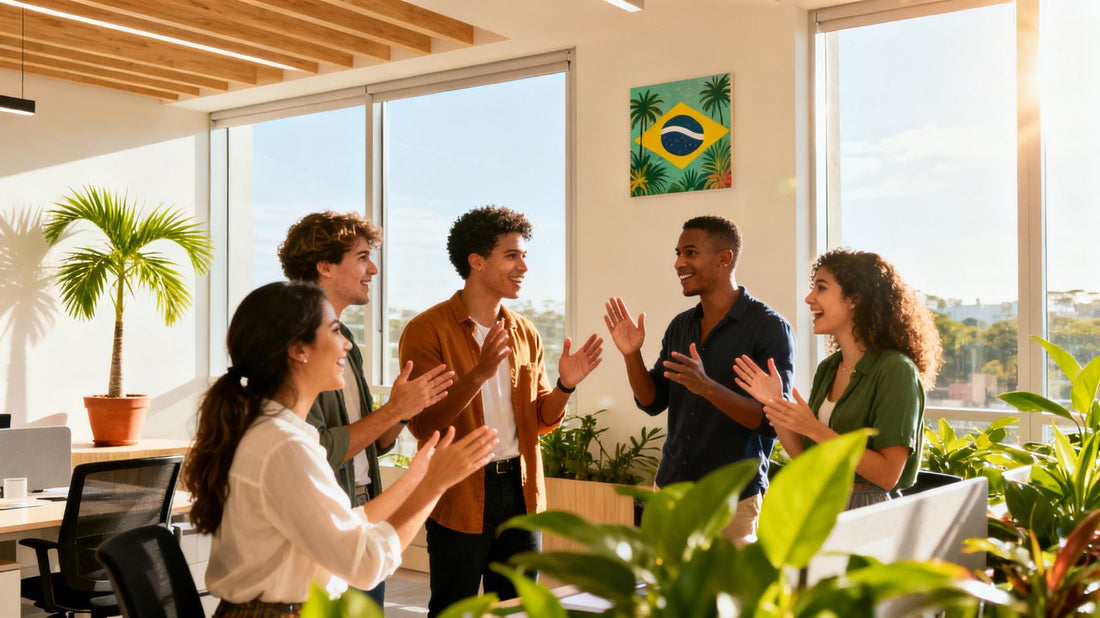 Professionals collaborating in a bright, modern office.