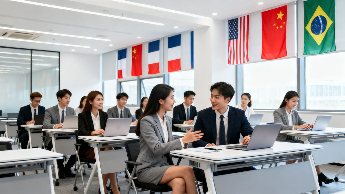 International students attend business class with laptops and flags.