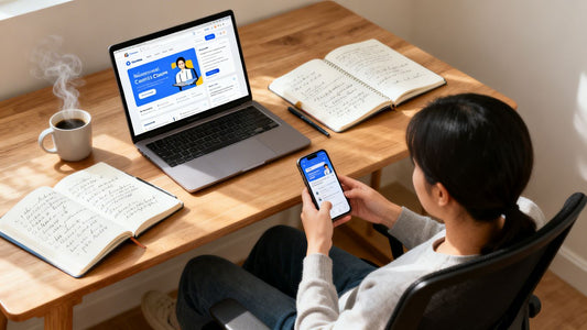 Person choosing online courses on laptop in bright workspace