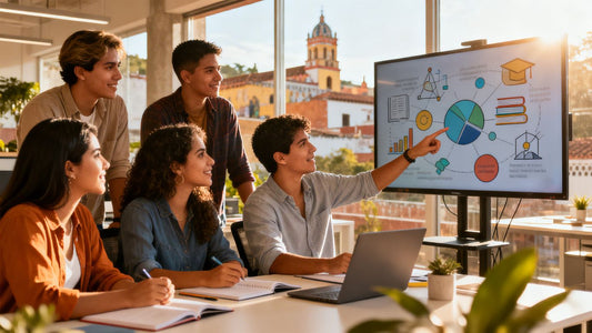 Professionals learning in a modern Latin American office.