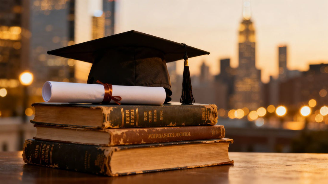 Graduation cap and diploma on books