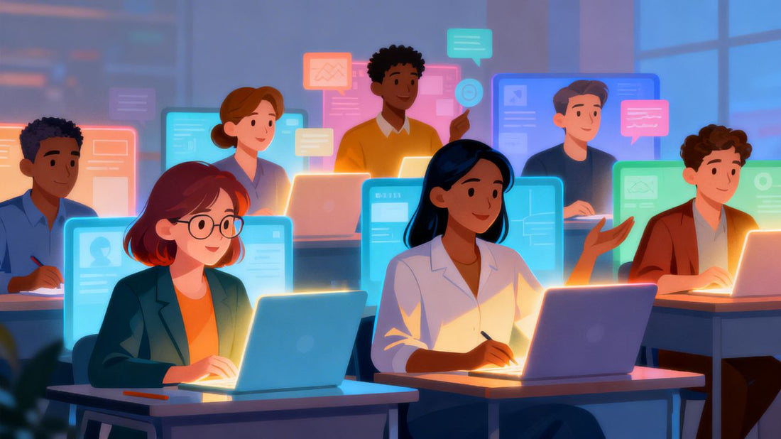 Educators learning digitally on screens.