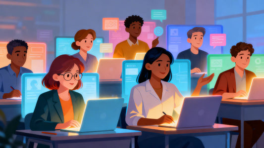 Educators learning digitally on screens.