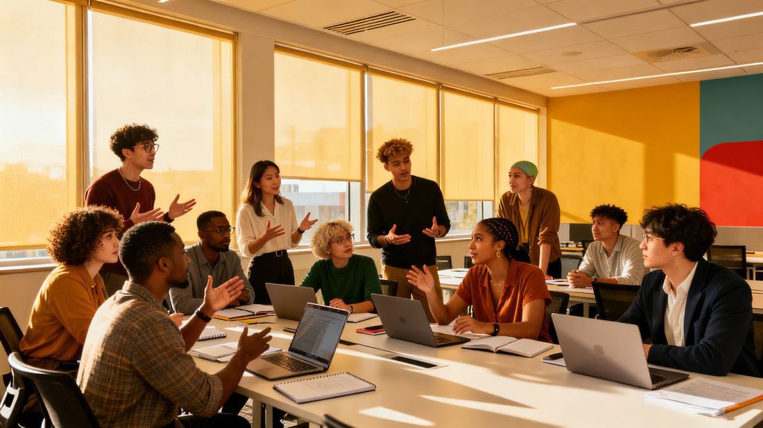 Professionals learning together in a bright, modern space.