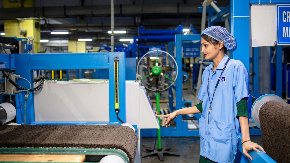 A woman works in a factory setting.