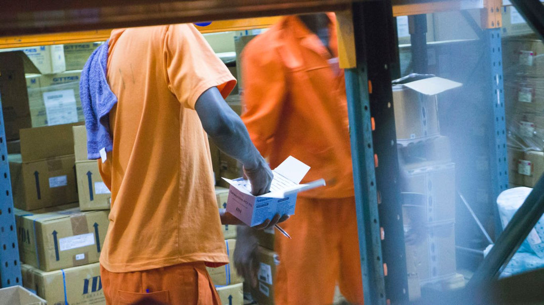 standing man in orange t-shirt holding white box