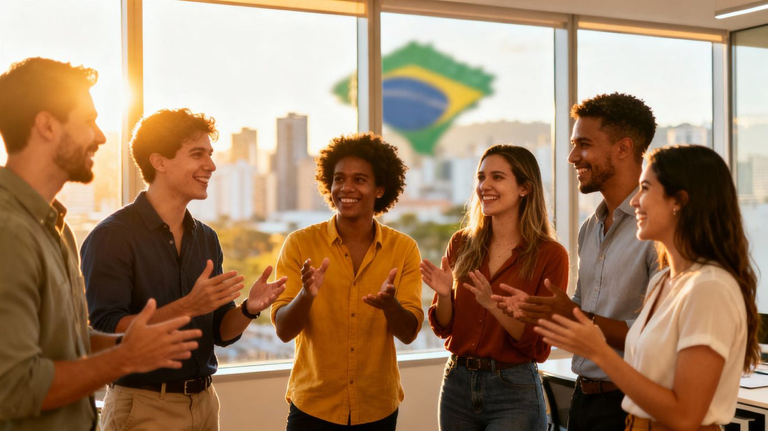 Professionals collaborating in a bright office with Brazil views.