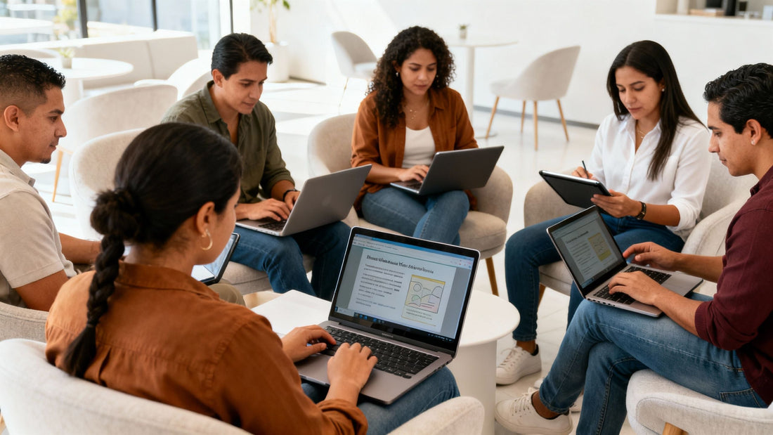 Latino adults studying online for professional development.